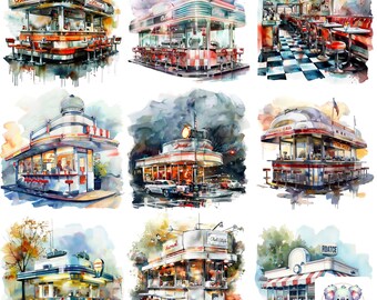 Watercolor Diner Clipart Collection: 24 High-Resolution Images for Retro-Themed Crafting, Invitations, and Decor Projects