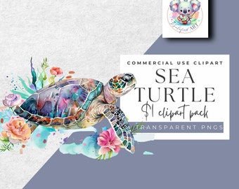 Oceanic Wonders: Watercolor Sea Turtle PNGs - 4 Transparent Clipart - Instant Download