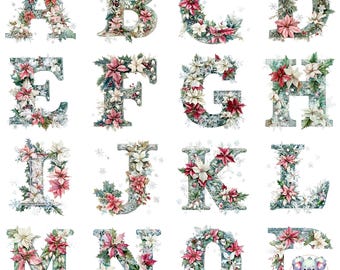 Pode incluir: Um conjunto de 14 letras do alfabeto decoradas com vegetação de inverno, flores de poinsettia e flocos de neve. As letras estão sobre um fundo branco.