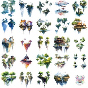 Aquarelle îles flottantes Clipart PNG, art transparent des îles célestes fantaisistes, paysages magiques pour travaux manuels, livres de contes et conceptions
