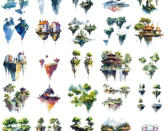 Watercolor Floating Islands Clipart: Whimsical Sky PNG (Digital Download)