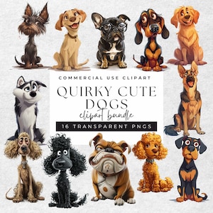 Quirky Dogs Clipart – 16 Playful Pooch Transparent PNGs | 300 DPI