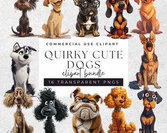 Quirky Dogs Clipart – 16 Playful Pooch Transparent PNGs | 300 DPI