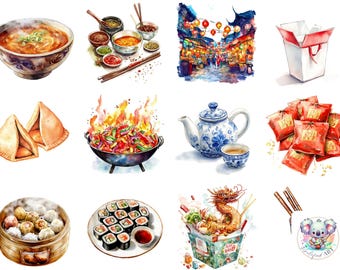 Chinese Food Watercolor Clipart: Takeout Boxes, Noodles (PNG)