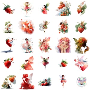 Clipart fée fraise aquarelle PNG, 39 fées fantaisistes et art de petits fruits, fées fraises transparentes pour travaux manuels et décoration de chambre d'enfant