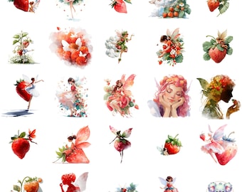 Watercolor Strawberry Fairy Clipart: Whimsical PNG Set for Nursery Art (Digital Download