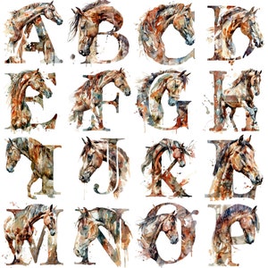 Hermosas imágenes prediseñadas de alfabeto de letras de caballo de acuarela PNGs - 26 imágenes premium de 300 DPI para invitaciones y álbumes de recortes