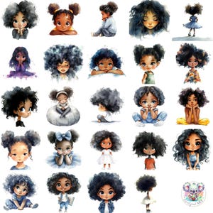 Watercolor Black Girl Chibi Clipart: Diverse Kids PNG Art (Digital Download