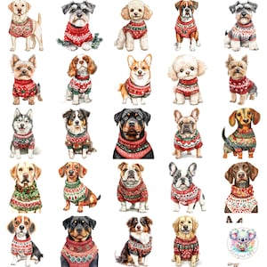Razze di cani in brutti maglioni natalizi Clipart PNG: 80 illustrazioni di cani festivi per artigianato fai da te, inviti e decorazioni per le feste