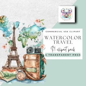Malerische Aquarell Reise Clipart - Transparente Icons - 4 PNG Set, 300 DPI - Instant Download