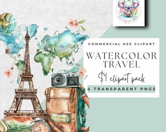 Scenic Watercolor Travel Clipart - Transparent World Icons - 4 Transparent PNGs Set, 300 DPI - Instant Download