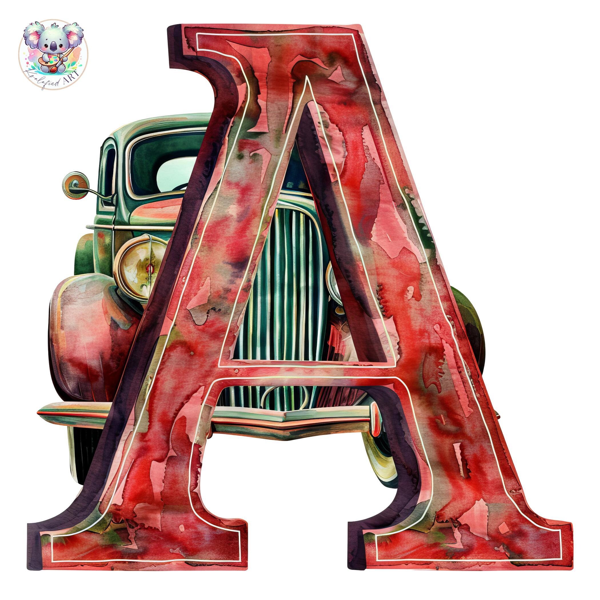 Vintage Car Alphabet Clipart: 26 Auto Typography PNG Images (digital ...