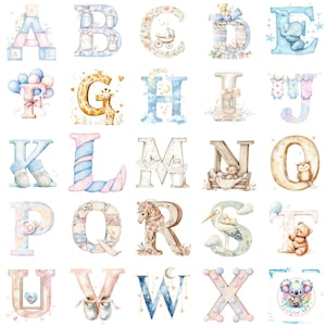May include: A collection of watercolour alphabet letters, A to X, each decorated with baby-themed illustrations. The letters are in pastel shades of pink, blue, and yellow, with images such as a giraffe, teddy bear, and baby clothes.