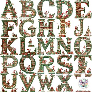 May include: A Christmas alphabet with each letter made of green garland, decorated with red and white baubles, presents, and Santa Claus figures.