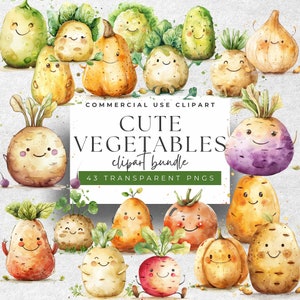 Veggie Delight - charmant clipart aquarelle de légumes mignons - 45 images PNG ludiques, haute résolution