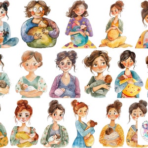 Stillende Mutter Clipart PNG: 18 schrullige Aquarell Mama und Baby Illustrationen für Sublimation, DIY Basteln und Elternprojekte