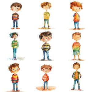 Caprichosa acuarela Quirky Boys Clipart PNG: Conjunto de 20 ilustraciones de alta calidad de 300 DPI para proyectos decorativos y decoración con temática divertida