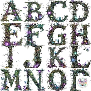 Mystisch verzauberter Wald Alphabet-Clipart-Set - 26 A-Z Buchstaben mit Baumranken, Schmetterlingen und leuchtenden Kugeln - hochauflösende PNGs
