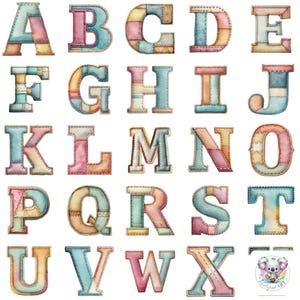May include: Watercolor alphabet letters A through X, plus a few more, in pastel colors. Each letter is made of patchwork fabric in shades of pink, blue, yellow, and beige, with visible stitching. The letters are arranged on a white background.