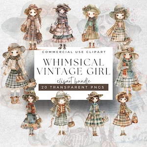 Vintage Whimsical Girl Clipart Set - 20 Watercolor Characters - Perfect for Invitations, Scrapbooking, and DIY Projects