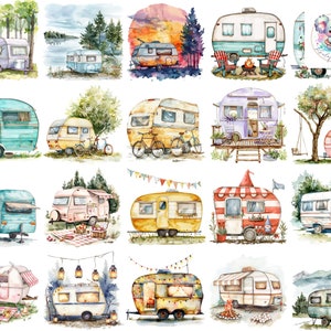 Aquarelles cliparts de caravane de camping - ensemble complet de 40 illustrations 300 DPI sur le thème du camping pour projets de bricolage