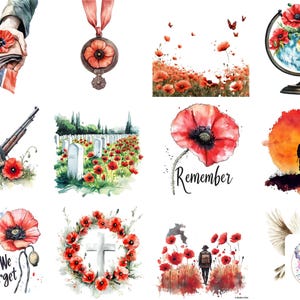 Ensemble de cliparts aquarelle pour le jour du Souvenir : 48 superbes motifs sur le thème du coquelicot, illustrations commémoratives et oeuvres d'art en hommage aux anciens combattants pour projets de bricolage