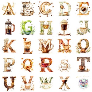 Clipart de alfabeto de café e chá aquarela PNG, letras transparentes com xícaras, folhas, vapor para cafés, branding e designs criativos