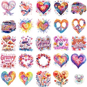 48 Groovy Valentine Watercolor Clipart | Retro Love-Themed PNGs | High-Resolution Digital Art for Crafts & Designs