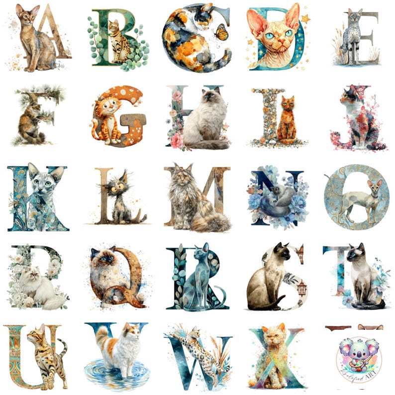 Watercolor Cat Breed Alphabet Clipart: A-Z Monogram Letters (PNG) - Etsy