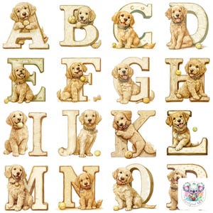 26 Golden Retriever Alphabet Clipart – Adoráveis letras de cachorro aquarela A-Z para designs criativos, decoração de berçário e projetos com tema de cachorro