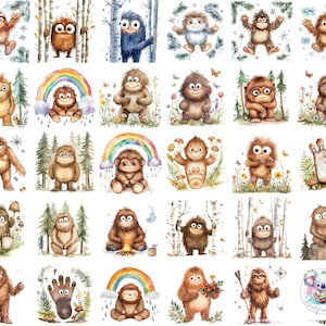 Watercolor Quirky Bigfoot Clipart PNG, Transparent Forest Yeti Art, Cute Sasquatch Characters in Whimsical Scenes for Crafts & Designs