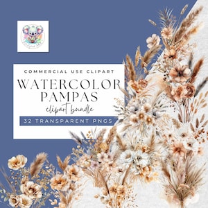 Élégance rustique de la pampa : Bundle de cliparts floraux bohèmes - 32 PNG transparents - élément d'invitation de mariage - usage Commercial