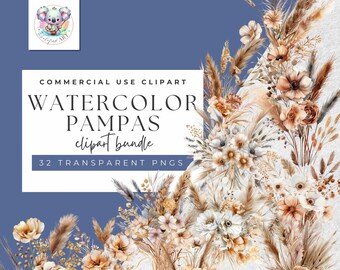 Boho pampa bloemen clipartbundel: huwelijksuitnodiging, png-bestand (commercieel gebruik)