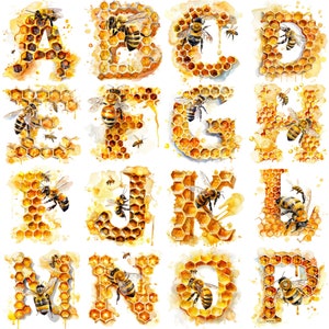 Acuarela Abeja en panal Alfabeto Letra Clipart PNG: 26 Letras de alta resolución de 300 DPI perfectas para proyectos creativos y con temas de naturaleza