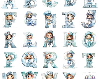 May include: Watercolor alphabet letters A through Z, each featuring a nurse character in a light blue uniform and cap. The letters are in a soft, watercolor style with a light blue color scheme.