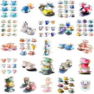 Prinses theekopjes clipart png, 48 aquarel koninklijke theekopjes en schoteltjes, transparante elegante theekransje kunst voor uitnodigingen en ontwerp