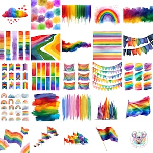 Puede incluir: Una colección de ilustraciones en acuarela con arcoíris, banderas y pancartas coloridas. Las imágenes muestran una paleta de colores vibrantes, incluyendo rojo, naranja, amarillo, verde, azul y morado. Ideal para celebraciones del Orgullo y temas LGBTQ+.