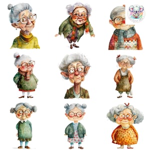 Aquarela peculiar, engraçado, avó, cliparts PNGs: 31 ilustrações lúdicas de alta resolução e 300 DPI para artesanato e decoração