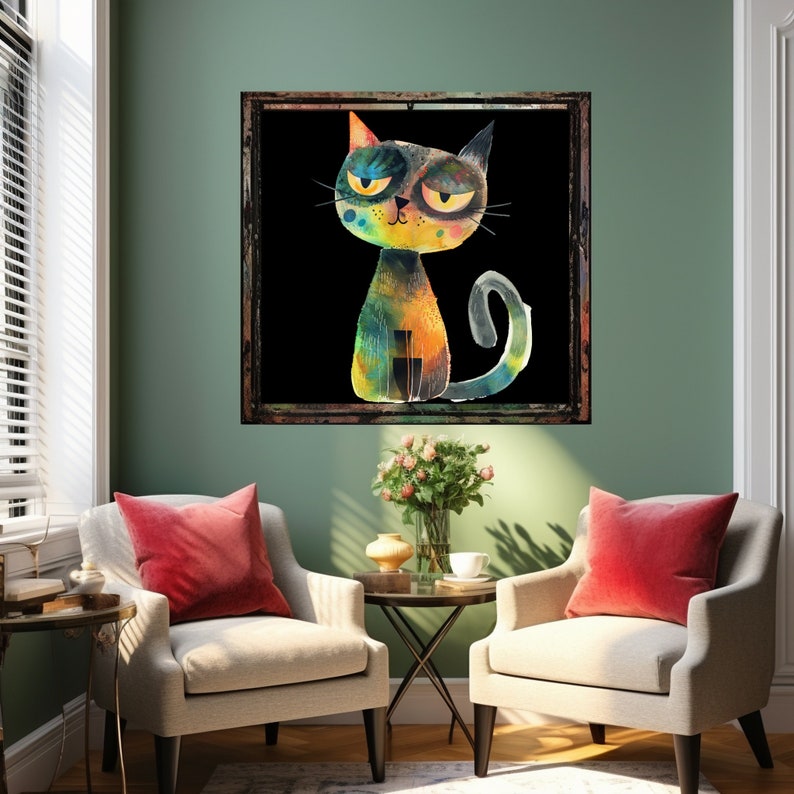 A cat with blue eyes - a cat sitting on a black background - a cat with a striped tail - a cat with rainbow colors, art blue mammal