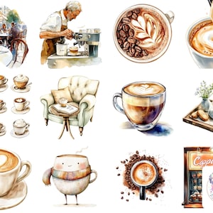 Watercolor Cappuccino Clipart PNG: 45 Elegant Coffee-Themed Illustrations for Cafés, Crafts & National Cappuccino Day Designs