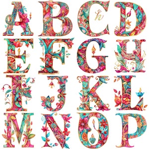 Indiase bruiloft aquarel alfabet clipart png's - 26 300 dpi sierlijke letters voor uitnodigingen, scrapbooking en digitale downloads