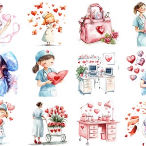 Valentine Nurse Clipart PNG, Watercolor Love Nurses Digital Art, Romantic Heart Medical Designs, Cute Healthcare Illustrations