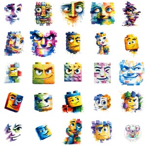 Puede incluir: Una colección de ilustraciones coloridas al estilo acuarela de caras construidas con bloques de construcción de juguete. Cada cara de bloque tiene expresiones y esquemas de color únicos, que van de feliz a enojado.