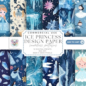 Pacote de padrão sem emenda de princesa de gelo mágico - 12 temas de inverno, alta resolução 300 DPI para projetos de scrapbooking DIY