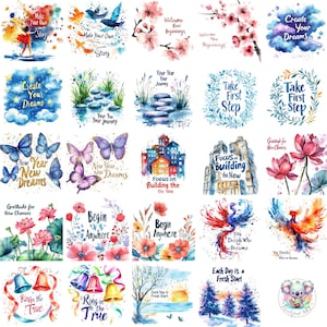 49 Clipart di citazioni ispiratrici per il nuovo anno - Design motivazionali ed edificanti per un nuovo inizio, perfetti per pianificatori, artigianato, decorazioni