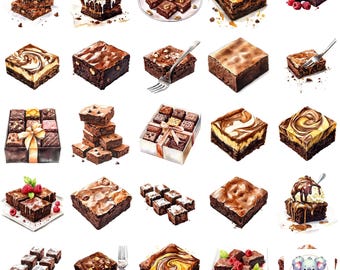 Watercolor Brownie Clipart: 48 Fudgy Dessert Illustrations (PNG)
