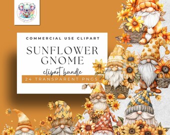 Op de afbeelding: Een digitale clipartbundel met 24 aquarel illustraties van gnomen die manden met zonnebloemen vasthouden. De gnomen dragen verschillende hoeden en kleding met een rustieke, herfstthema. De tekst "Sunflower Gnome clipart bundle 24 TRANSPARENT PNGS" wordt weergegeven op een bruine achtergrond.