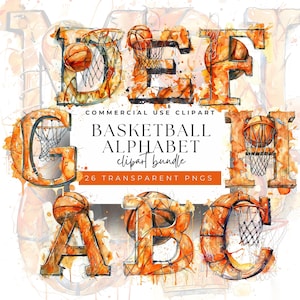 Watercolor Basketball Alphabet Clipart: 26 PNG Sports Bundle
