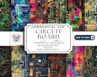 Modèle de circuit imprimé à l'aquarelle : 50 papiers numériques à thème technologique (3 600 x 3 600 pixels)