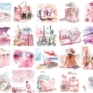 Vibrante acuarela viaje Clipart Pink Girly PNGs: 100 ilustraciones de alta calidad de 300 DPI para artesanía y decoración